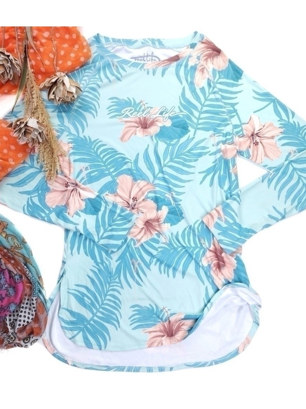 New Reel Life Teal Floral Long Sleeve Compression Top Sz XL
